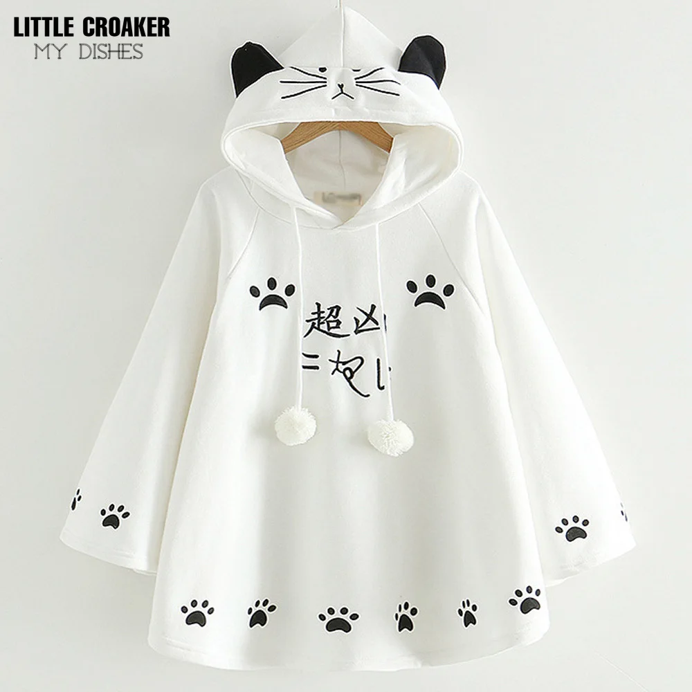 Fashion Kawaii Cat Ear Hooded Poncho Women Japanese Cute Paws Girls Casual Pullover Harajuku Cloak Fleece Loose Hooded Cape Coat