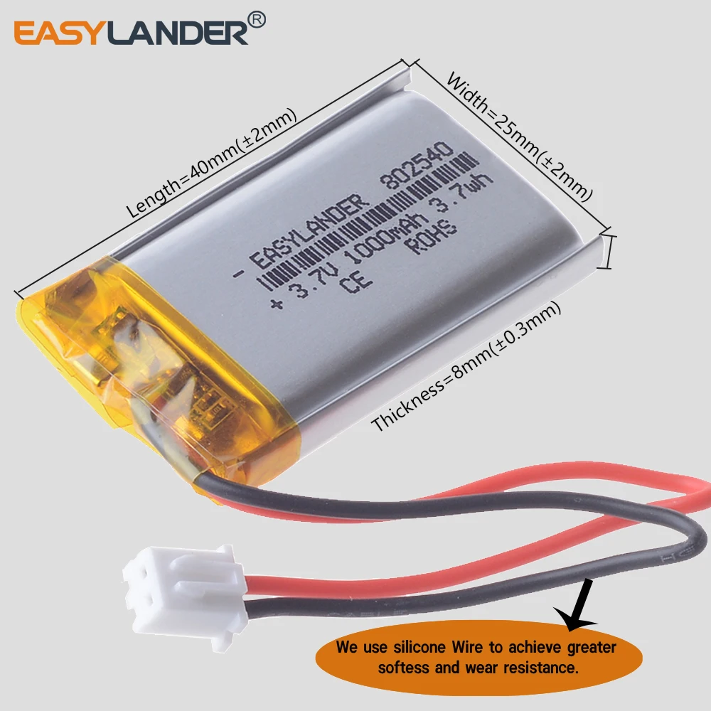 

10Pcs/Lot 802540 JST2.54 2P 3.7V 1000mAh Li-Polymer Li-ion Battery Lipo 302540 402540 502540 602540 702540 102540 902540
