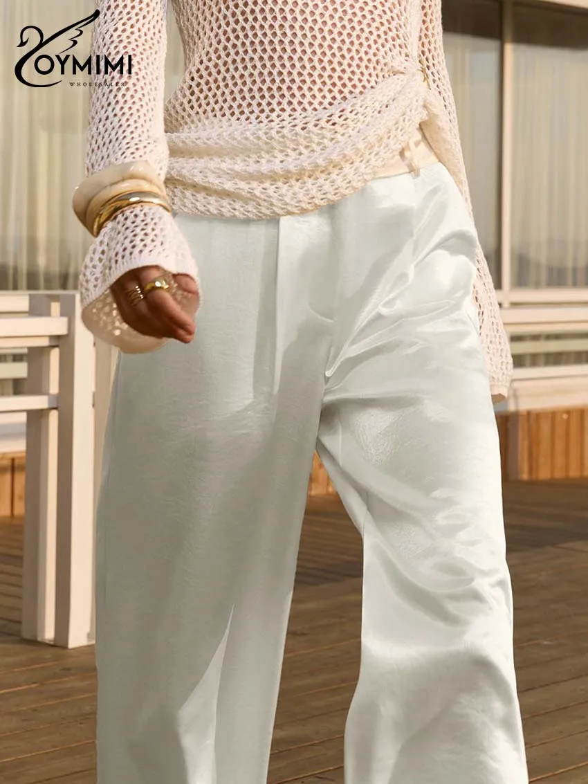 Oymimi Women's High Waist Wide Leg Pants 2026 Spring Cream White Textured Satin Trousers Loose Casual Elegant Office Party Pants