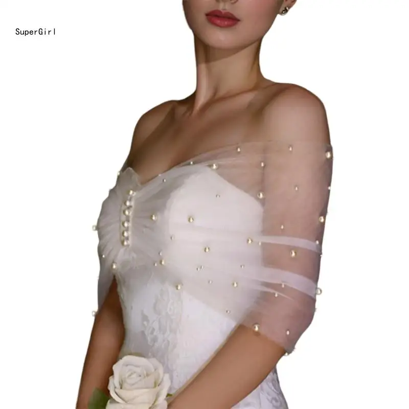 Bride Pleated Shawl Shoulder Wrap Wedding Bridal Sheer Shawl with Pearl Beads J78E