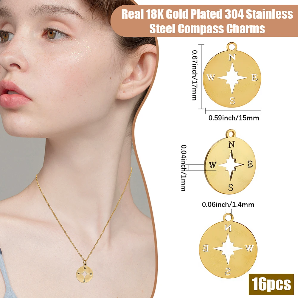 1 Box 16Pcs Compass Charms 18K Gold Plated 304 Stainless Steel Flat Round Nautical Charms for Jewelry Making Bracelet Necklace