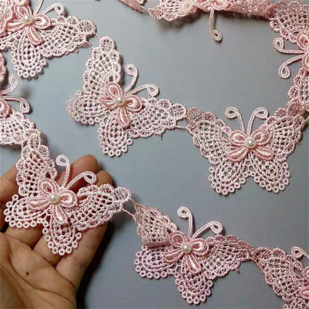 1 yard Pink Butterfly Flower Soluble Organza Lace Trim Wedding Embroidered Handmade Patchwork Ribbon Sewing Supplies Craft