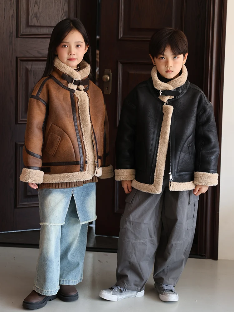 

Cashmere Leather Jacket Winter Keep Warm Boys Jacket Thick Lining with Plush Fur Collar Coat for Kids Girls Coats