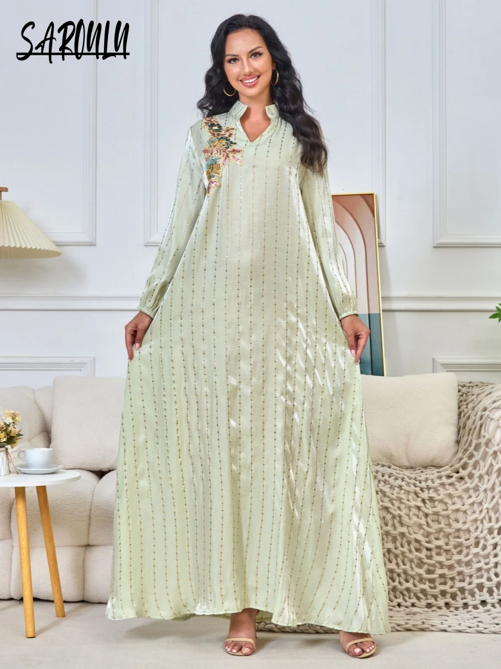 

Light Green Elegant Gilding Evening Dress A Line Party Customized Dubai Robe Kaftan Special Occasions Appliques Classy Prom Gown