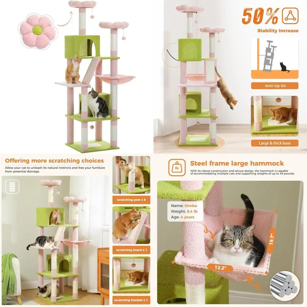 70インチのピンクのキャットタワー、2つの居心地の良いコンドミニアム、豪華な止まり木、大きなバスケット、爪とぎパッドとポスト付き - プレミアムキャットツリーで遊びましょう