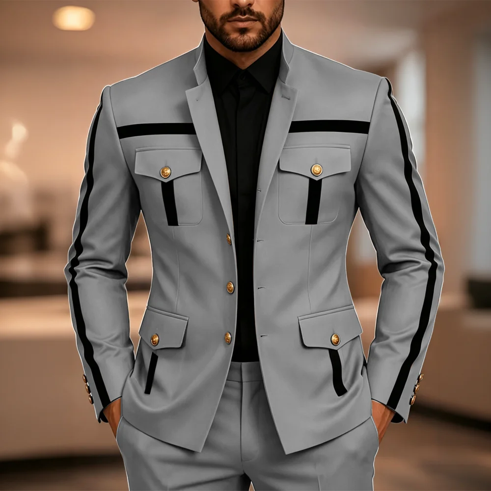 Men's Formal 2-Piece Suit: Mandarin Collar Jacket and Trousers – Groom's Wedding Tuxedo / Latest Design Workwear