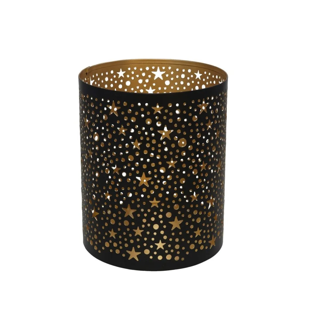 Portavelas Decorativo GISSED - Iluminación Ambiental Sofisticada - Diseño Calado de Estrellas - Metal Negro y Dorado - Estilo Elegante - Regalo Perfecto