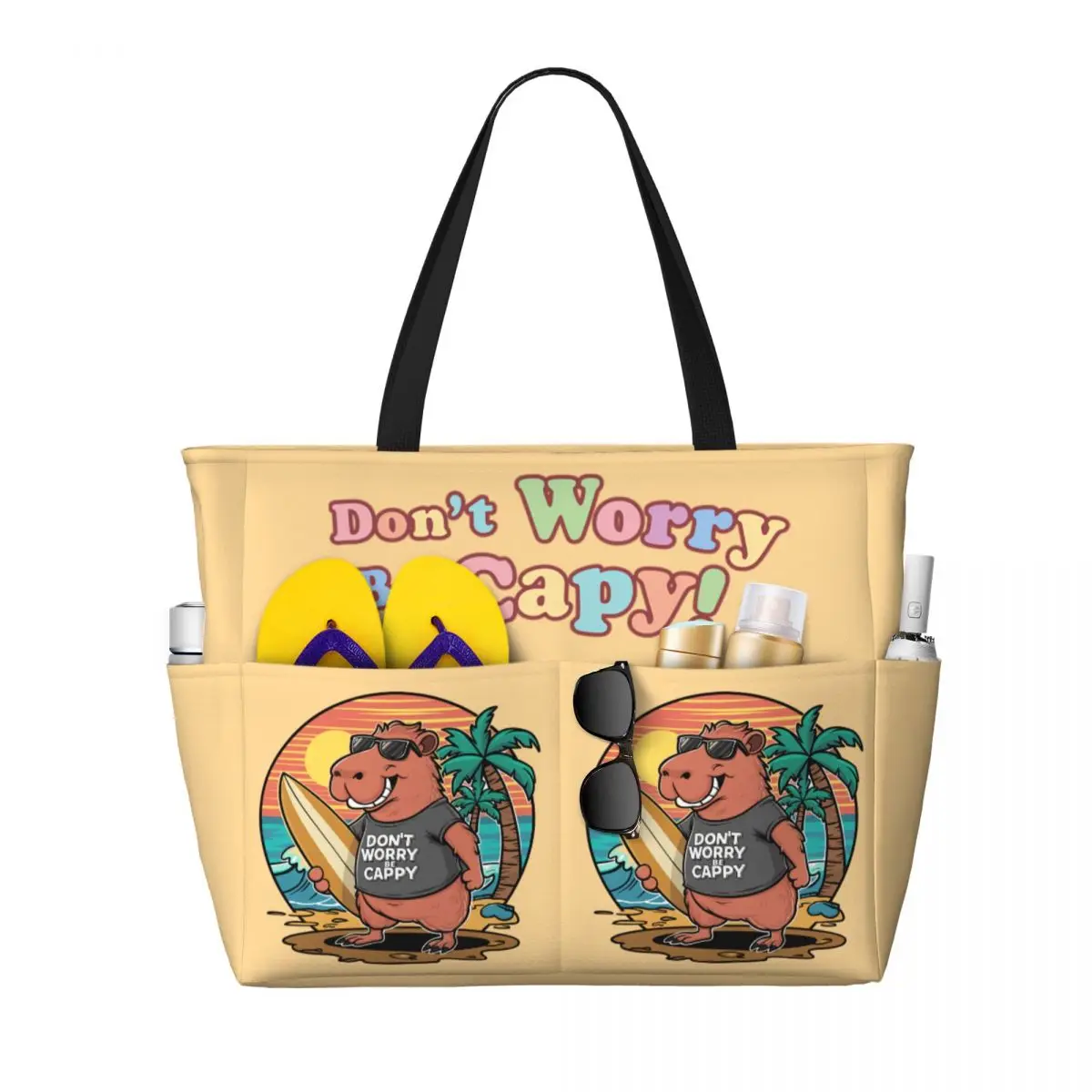 

Custom Don't Worry Be Cappy Capybara Beach Tote Bag Women Extra Large Gym Carry On Travel Shopping Bags