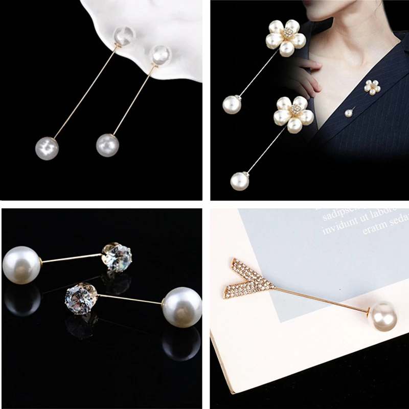 Double Head Small Imitation Pearl Brooch Pin Flower Pearl Female Brooches Accessories Gold Color Crystal Cardigan Clothing Pins