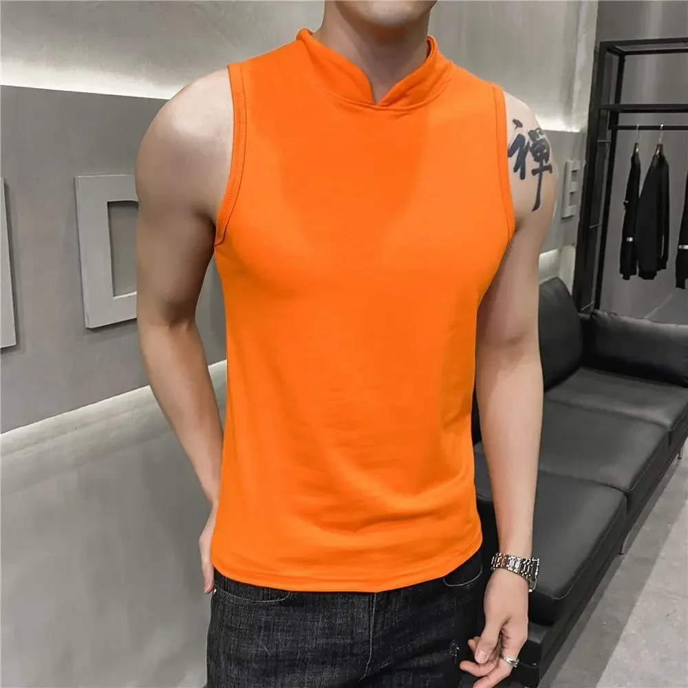 Men\'s Summer Sexy Vest Small High Collar Breathable Sports Fitness Bottom Undershirt Sexy Slim Fit Tight Sleeveless Top T-Shirt