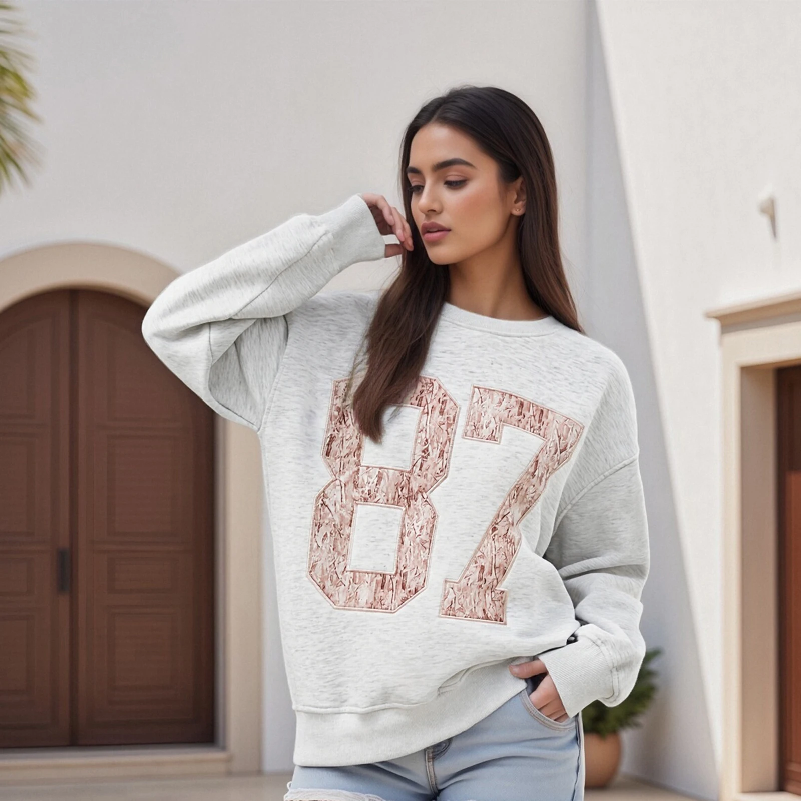 Sweat-shirt à manches longues pour femmes, col rond, chiffres brodés, pull à capuche, hauts décontractés