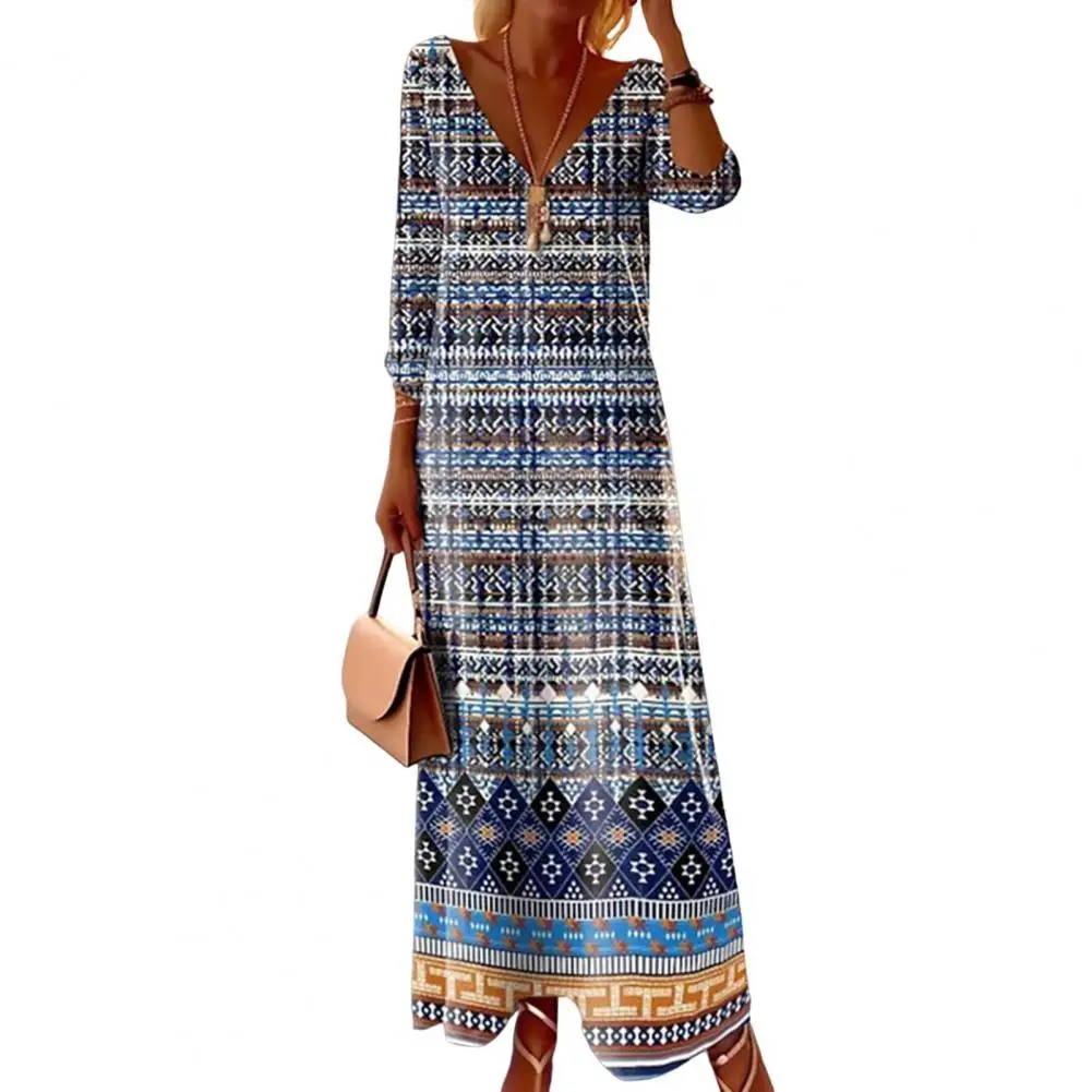 

Ethnic Style Women Dress Bohemian V Neck Maxi Dress for Women Retro Ethnic Print Long Sleeve A-line Striped Pullover Summer