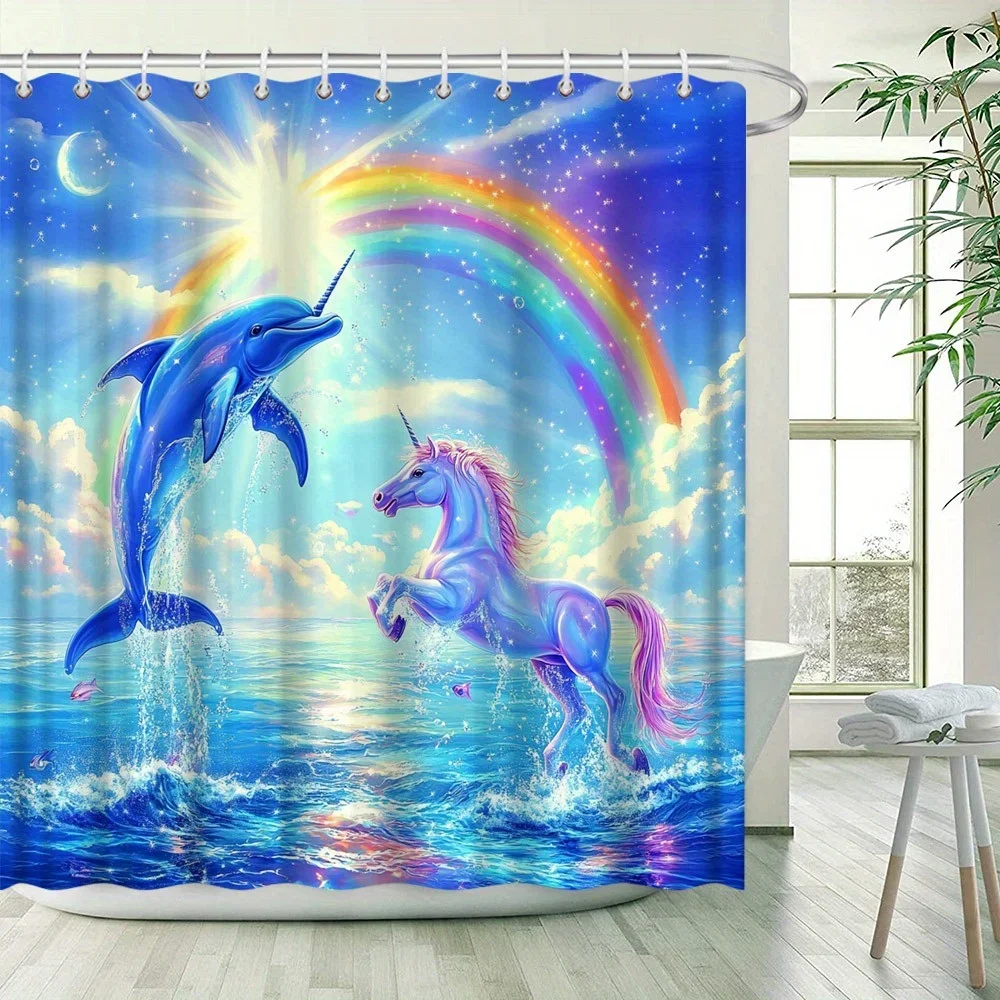 ستارة دش مخلوقات سحرية - يونيكورن ودولفين، رينبو دريم لاند، نمط ألوان مائية، بوليستر مقاوم للماء