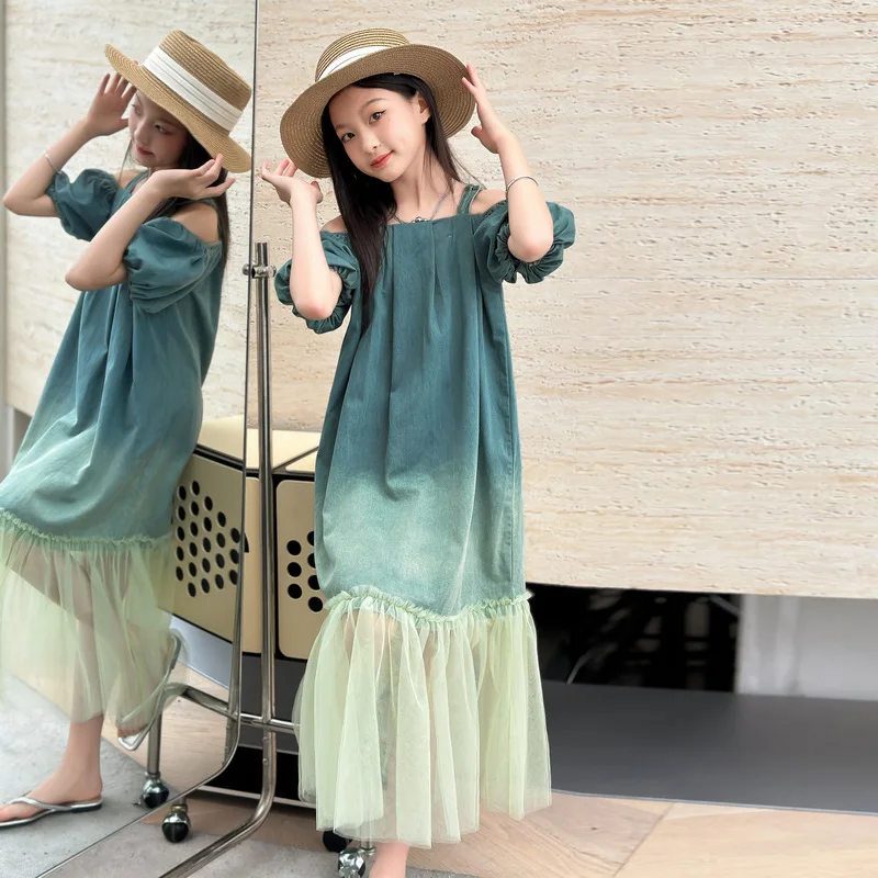 Kids Dresses for Girls Summer Shoulderless Denim Princess Dress Blue Fashion Casual Mesh Patchwork Vacation Dress Teen Clothes