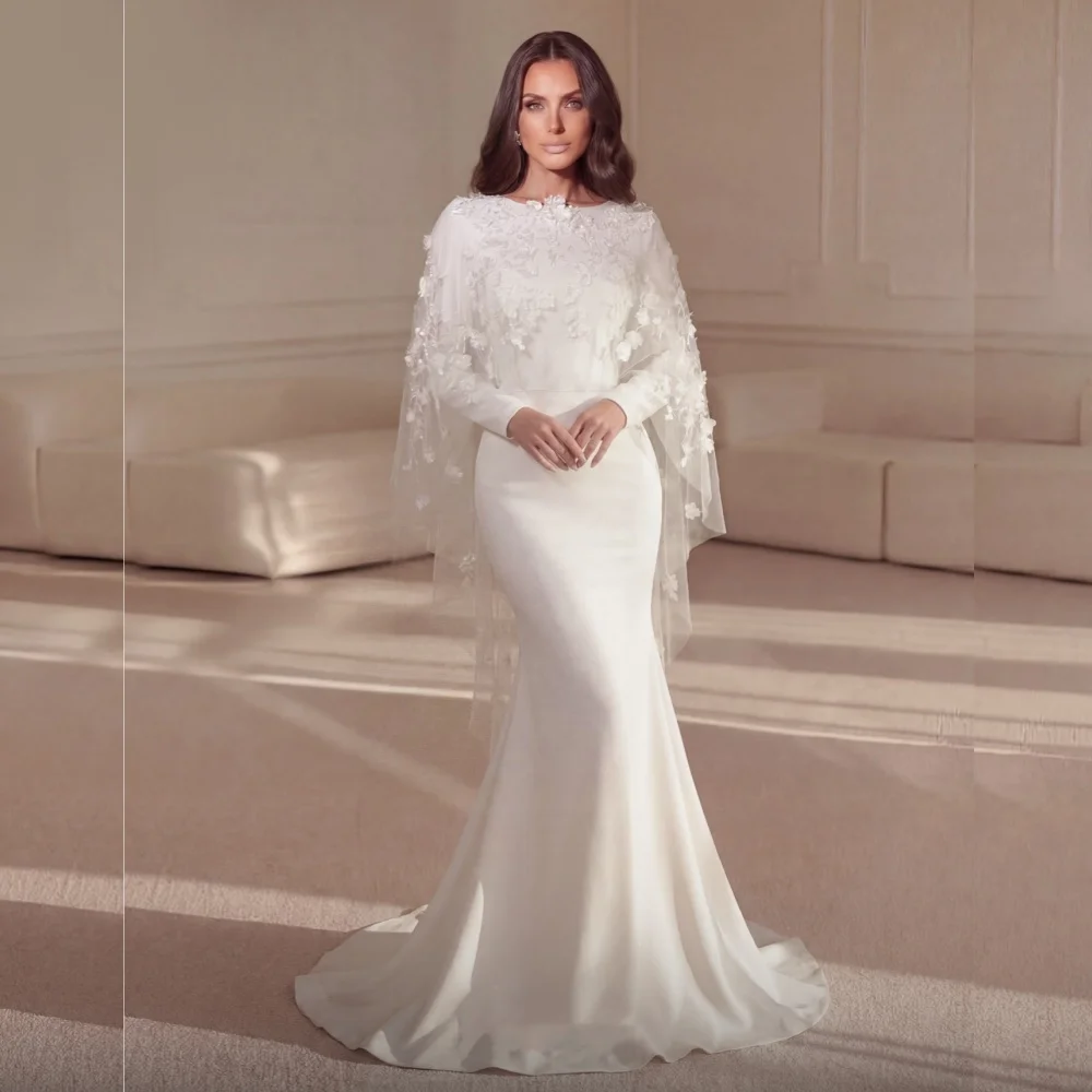

Customized Exquisite Applique Shawl Wedding Party Dress For Women O-Neck Mermaid Long Dresses High Quality