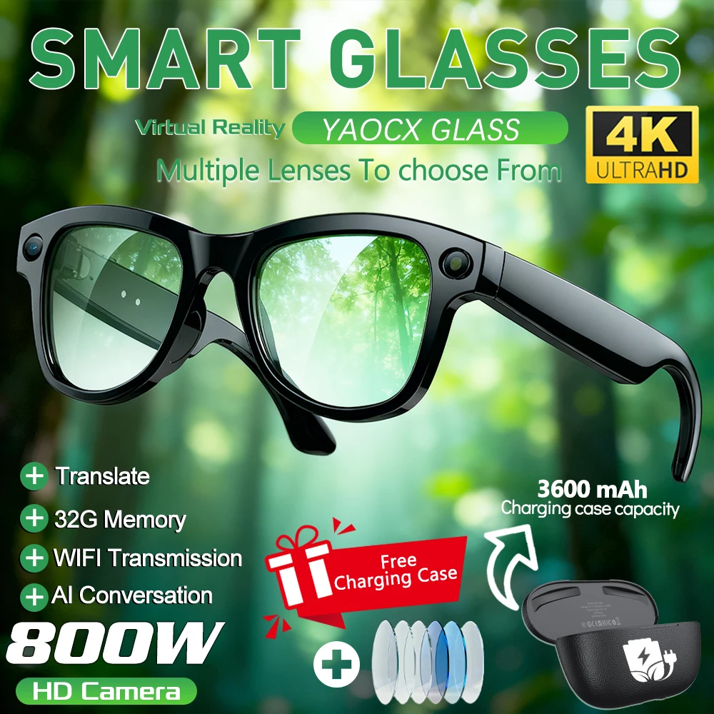 

2026 AI Smart Glasses 3600mAh Charging Case Bluetooth Call WiFi Transfer Voice Assistant Chat GPT 32GB 4K HD Video 800W Camera