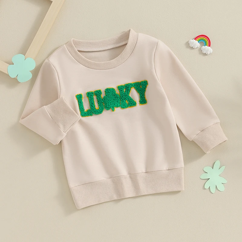 Infant Unisex Hoodies Soft Clover Leaf Initial Stitching Crew Neck Jumpers with Long Sleeves