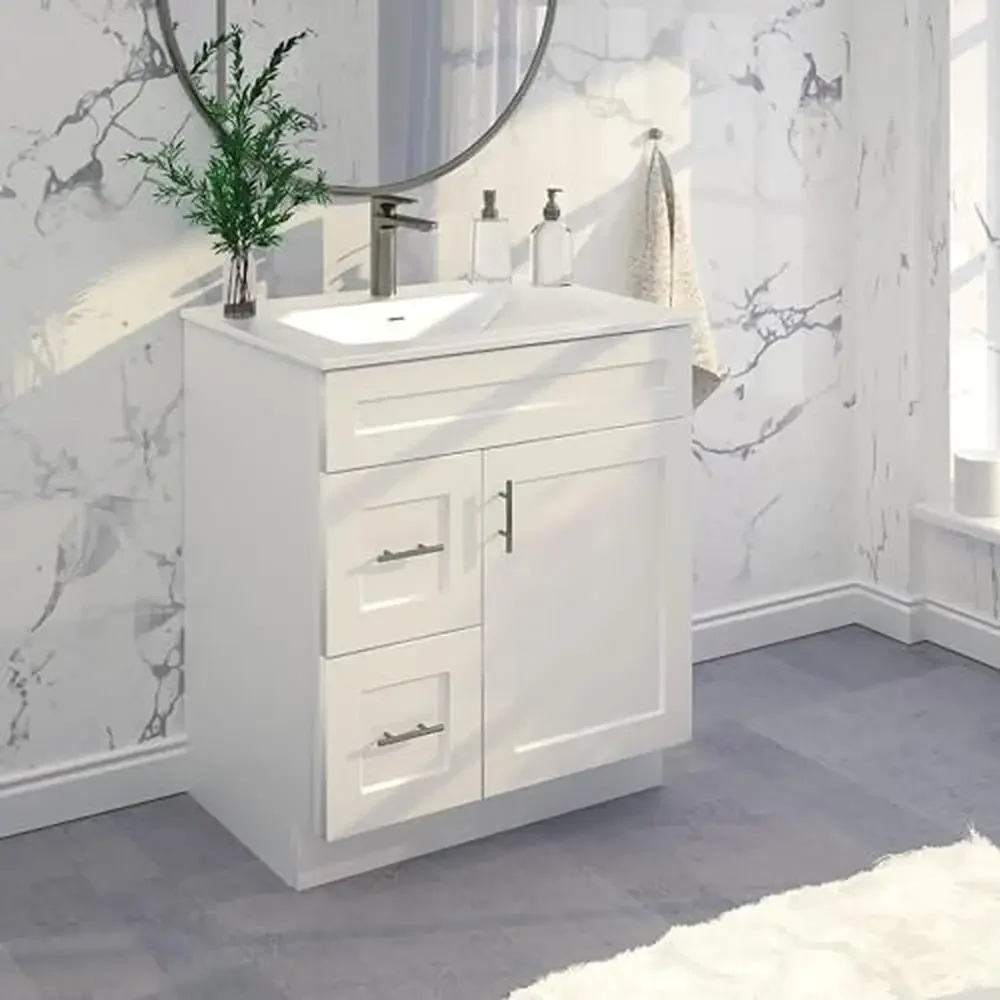 Vanity Cabinet banheiro com gavetas, madeira maciça, construção macia Fechar gaveta Slides, esquerda e direita gavetas comutáveis, 30 polegadas