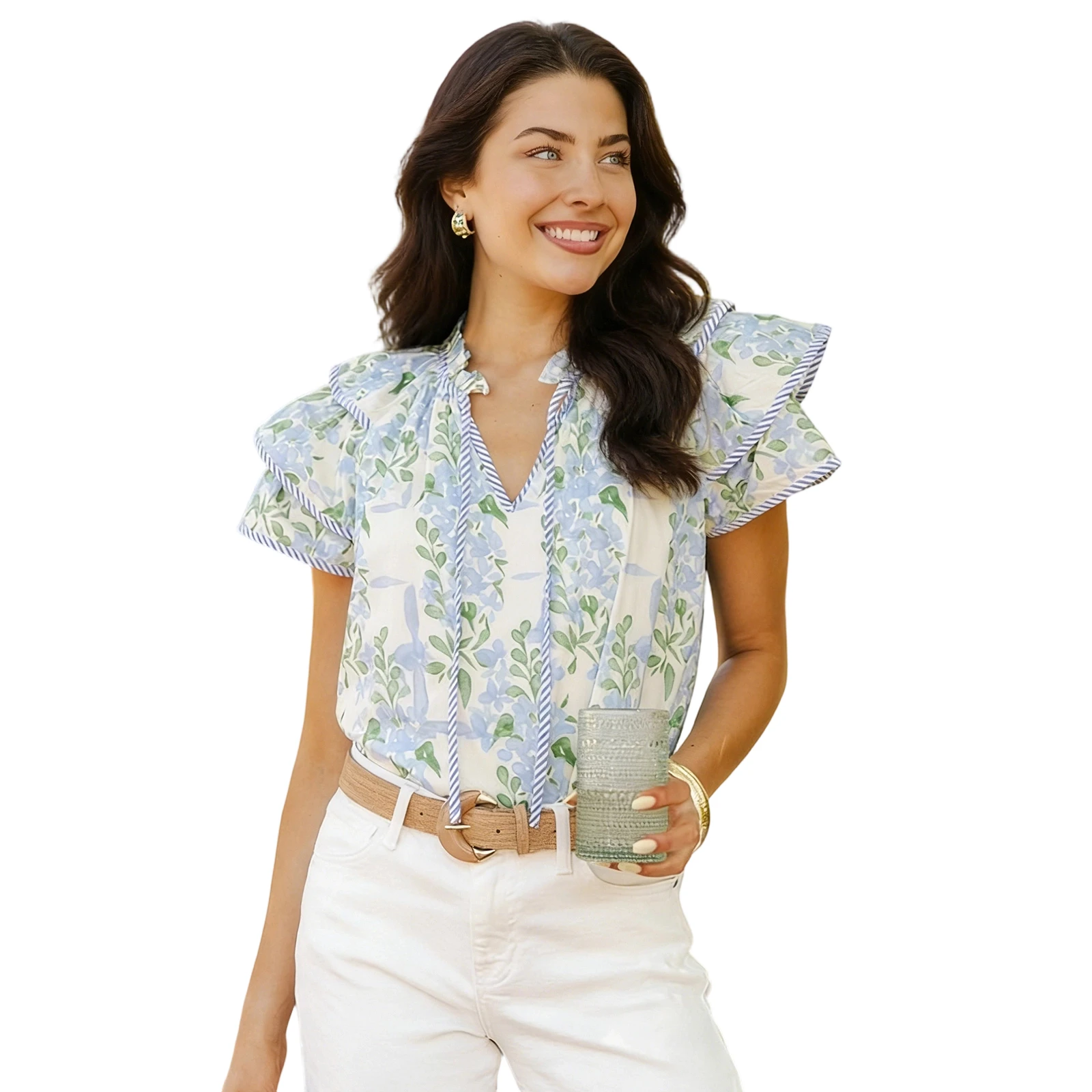 

Women Floral V Neck Tops Loose Frill Trim Tie-up Layered Short Sleeve Tshirts Casual Summer Streetwear