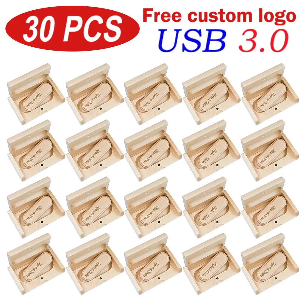 30pcs/lot USB Flash Drive 3.0 Free Custom LOGO Wooden Pendrive 4GB 8GB 16GB Pen drive 32GB 64GB 128GB Memory Stick Wedding Gift