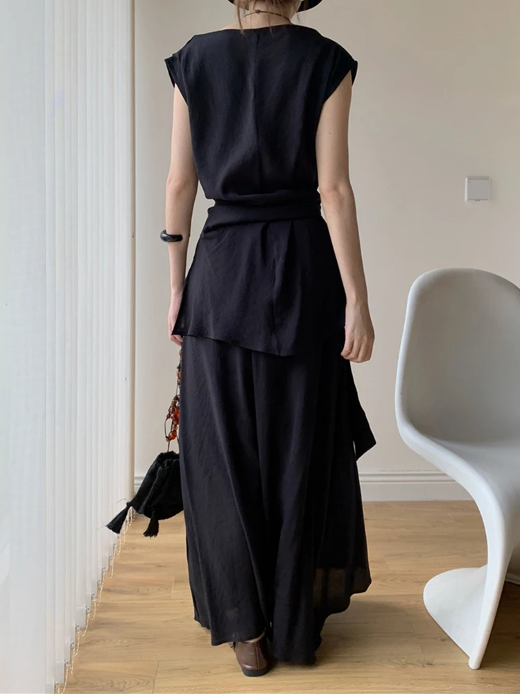 YERMORA Atasan Kasual Singkat Balutan Hitam Set Dua Potong Wanita Rok Setengah Tubuh Baru Longgar Leher-o Mode Pasang Musim Semi Musim Panas 2025