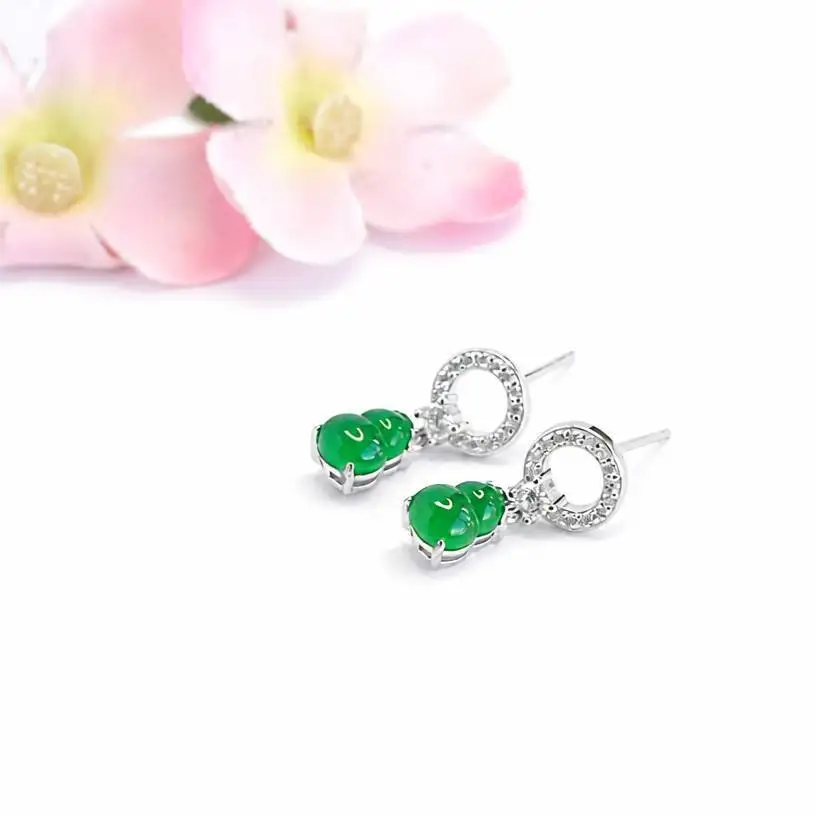 S925 Silver Natural A-grade Jade Earrings Gourd Emperor Green Jadeite Earhook Earnail For Women's Gift Drop Shipping