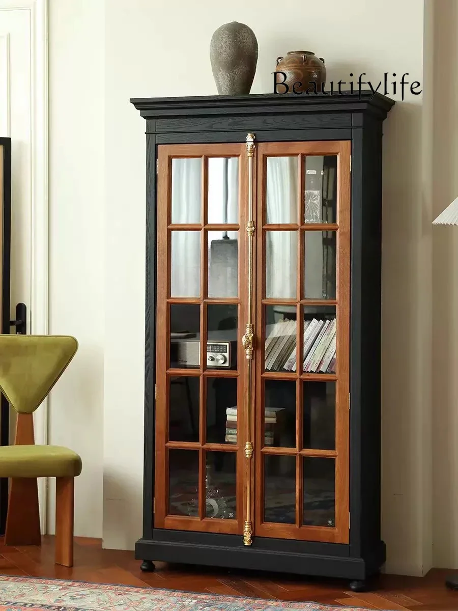 خزانة مشروبات خشبية صلبة فاخرة من LXLight خزانة عرض جانبية فرنسية عتيقة بباب مزدوج زجاجي لتناول الطعام تخزين بسيط SSS #4