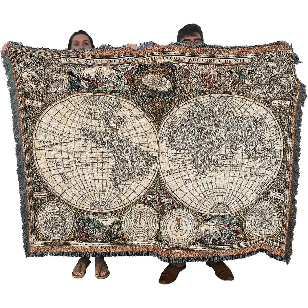 

Винтажный хлопковый гобелен-плед с картой мира - ручная работа, сделано в США (72x54)