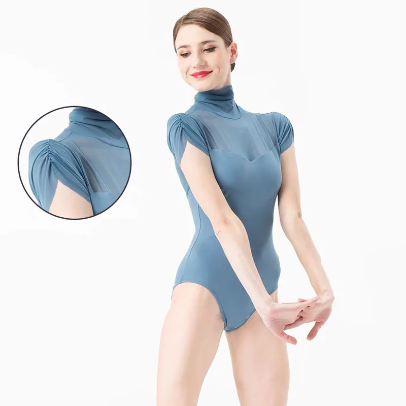 

New Ballet Leotard Women Pleated Mesh High Necked Bodysuits Dance Wear Short sleeve Ballerina Gymnastics Leotards for Girls Adul