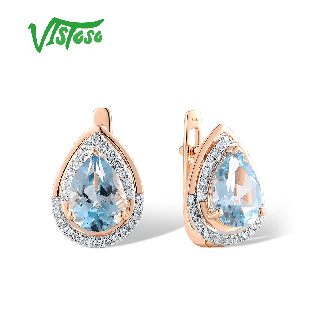 VISTOSO Real 14K 585 Rose Yellow Gold Earrings For Women Sparkling Diamonds Blue Topaz Amethyst Wedding Fantastic Fine Jewelry