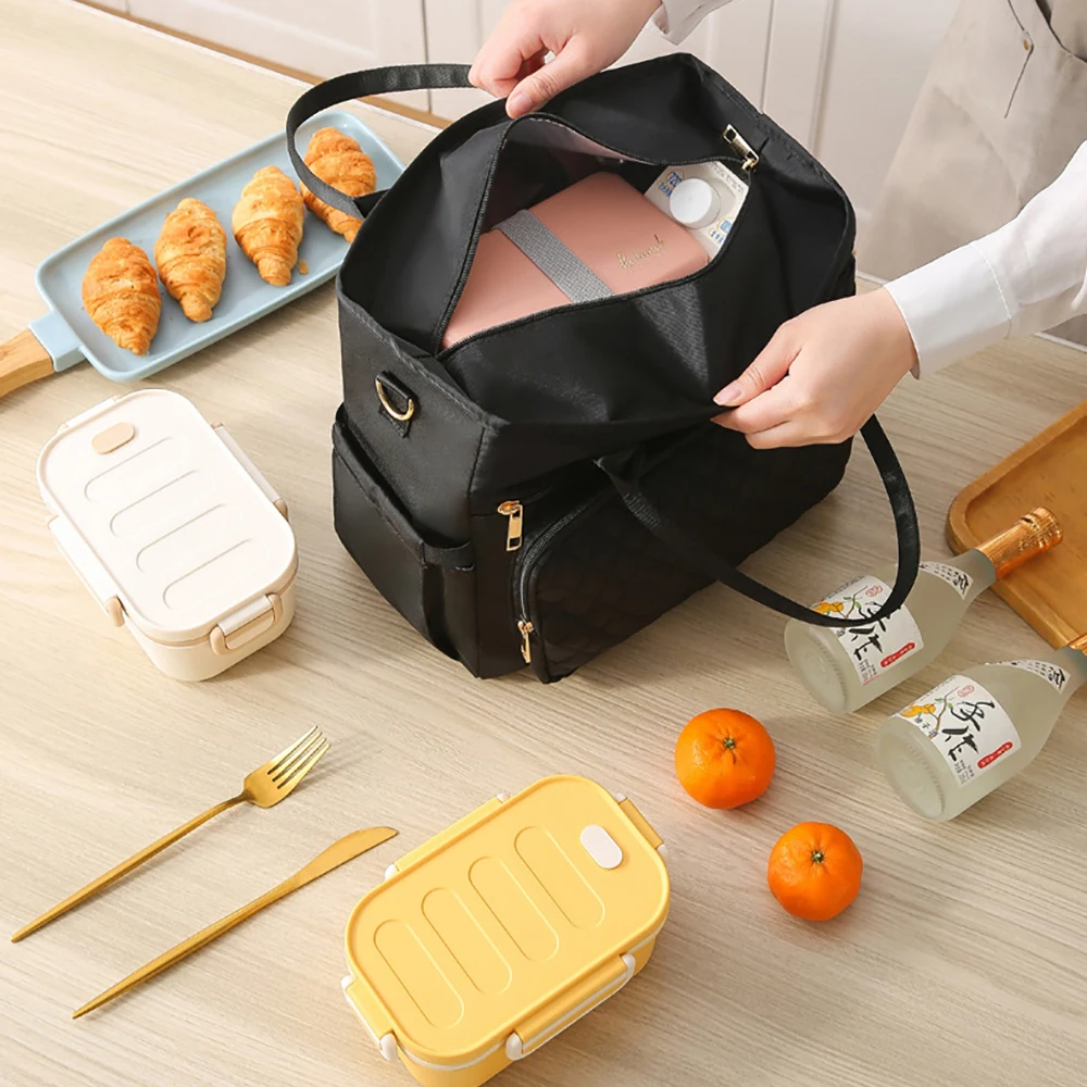 Large Insulated Lunch Bag for Outdoor Camping Women's Nylon Thermal Lunch Bag Work  Leakproof Tote Bags with Storage Pocket