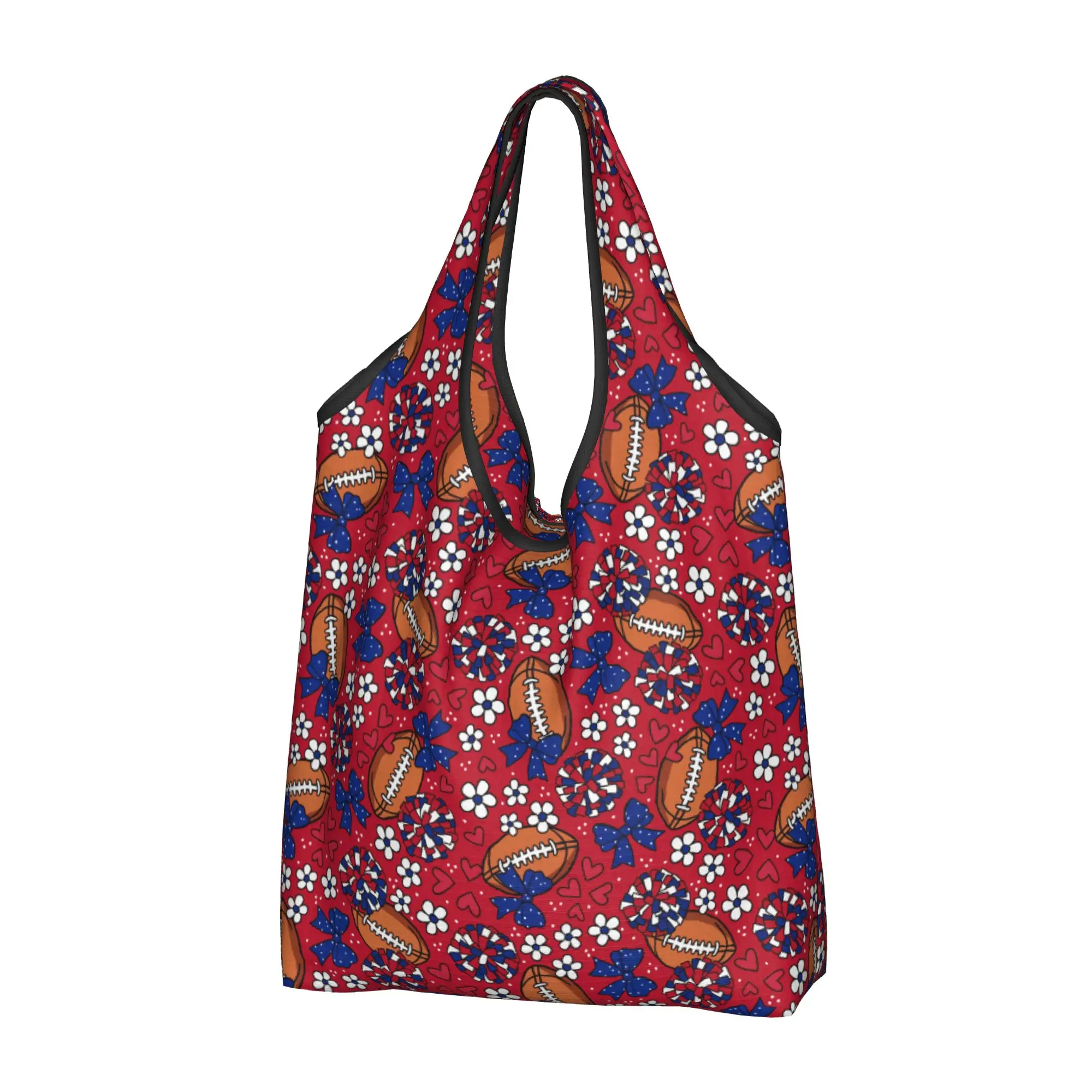 Reusable Football Cheer Bows Rugby Union  Shopping Bag Women Tote Bag Portable Blue And Red Grocery Shopper Bags