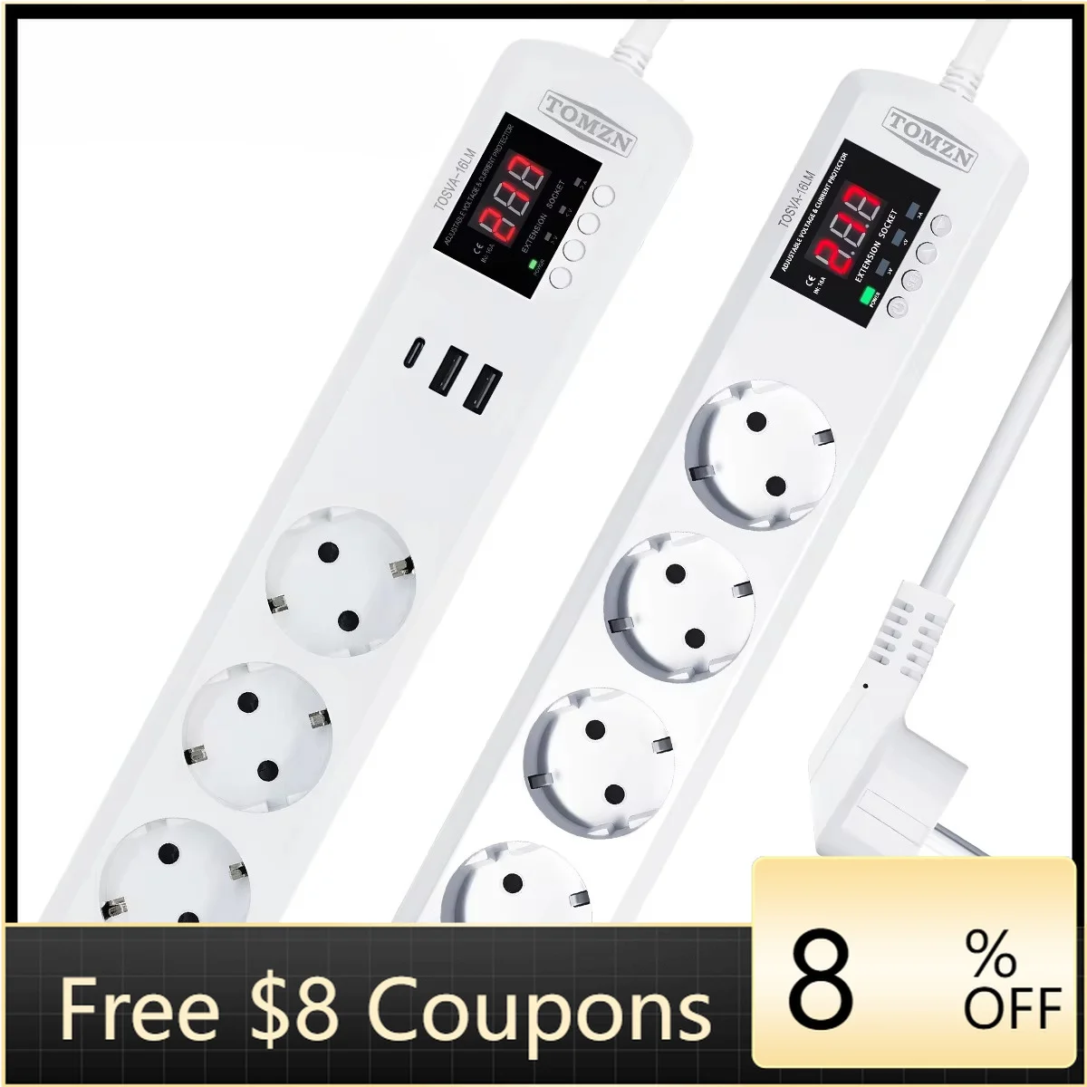 TOMZN TOSVA-16LM EU Protector Power Strip 16A Adjustable OVP UVP OCP Surge Protection Socket