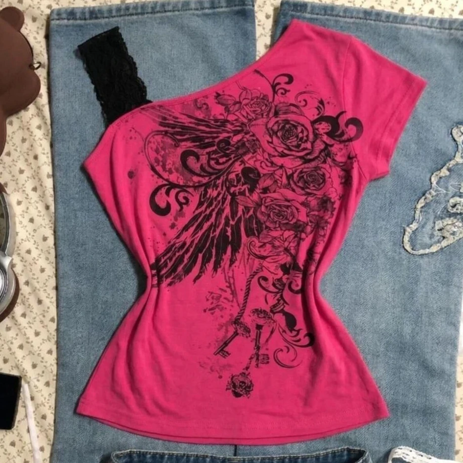 American Retro Off-Shoulder T Shirt Women Short Sleeve Rose Wing Key Graphic Print Slim Fit Y2K Vintage Streetwear Tee Summer