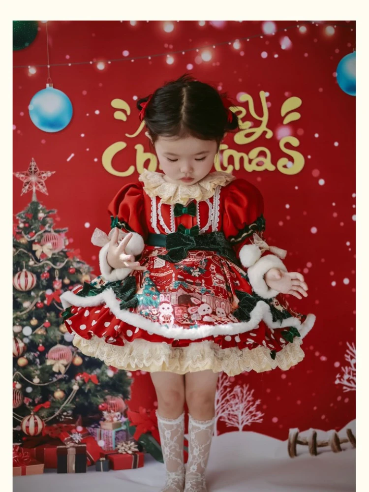 Winter Rabbit Plus Velvet Christmas Dress Lolita Princess Dress Baby Birthday Dress New Year Kids Clothes Flower Girl Dresses