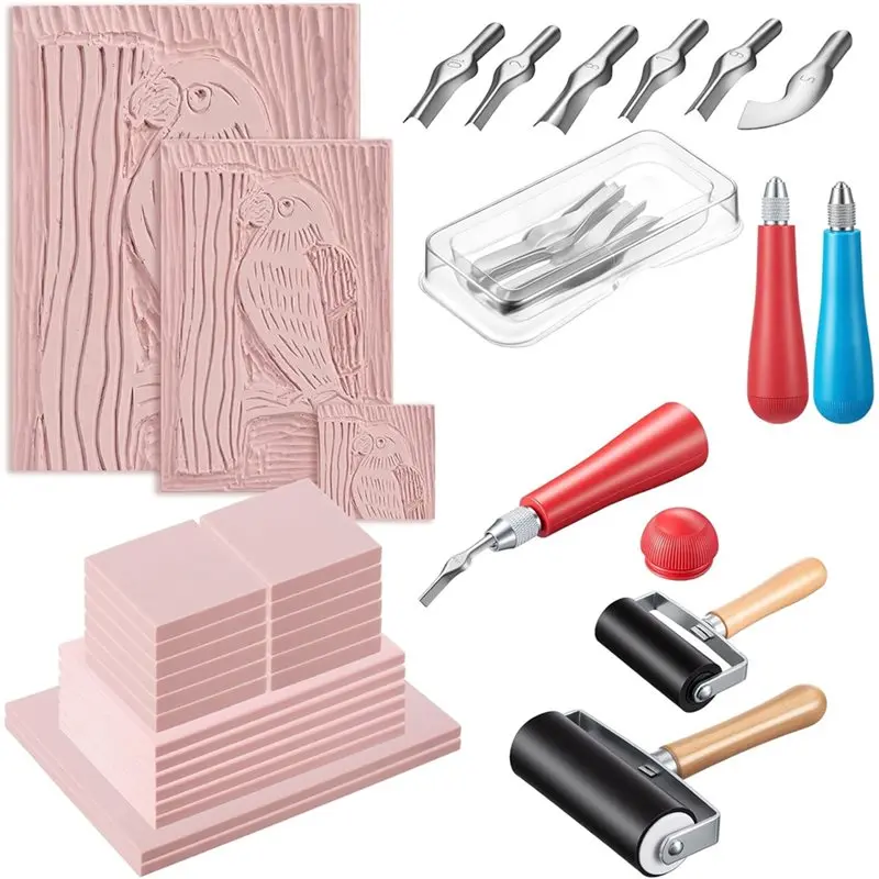 

A93E-Linocut Kit For Printmaking Includes 2" X 2", 6 Pcs 4" X 6", 2 6" X 8" Blocks, 2 Knives And 2 Rolls For DIY Projects Linole