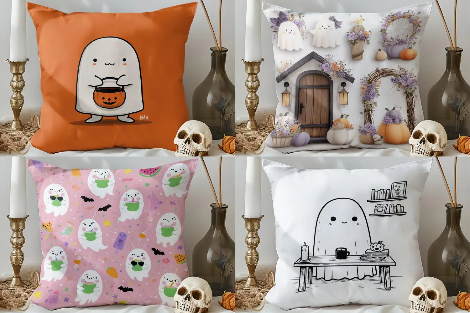 

Home Decor Cute Ghost with Pumpkin Halloween Pillow Cover Pattern Cushion Cover Suitable for Sofa Bedroom Car Pillow Cover