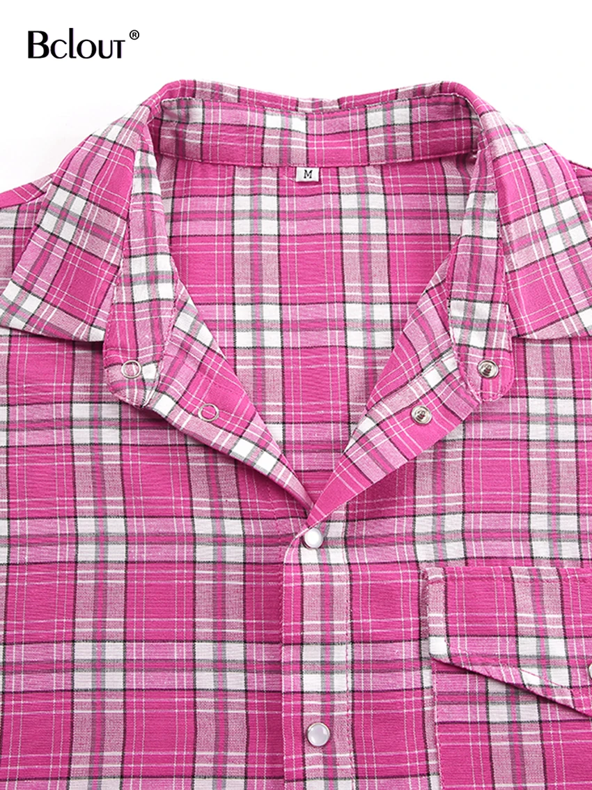 Bclout Fashion Pink Plaid Shirts Blouses Women Vintage Pockets Office Lady Loose Shirts Streetwear Pleated Long Sleeve Blouses