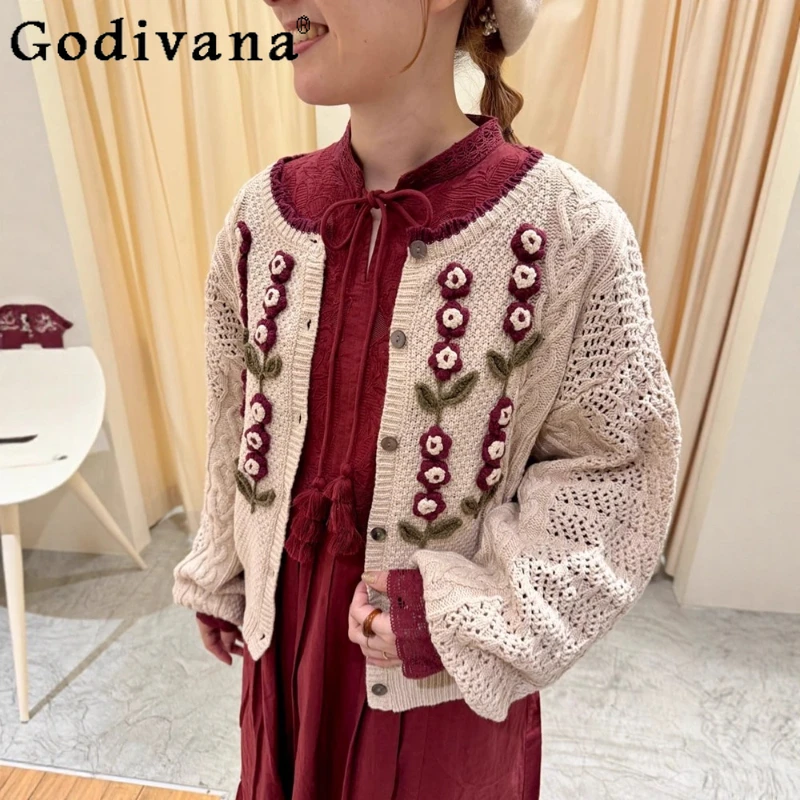 اليابانية الحلو اليدوية 3D زهرة الحلو الجوف خارج قصيرة سترة متماسكة ربيع الخريف المرأة الجديدة اليومية الأساسية سترة متماسكة عادية