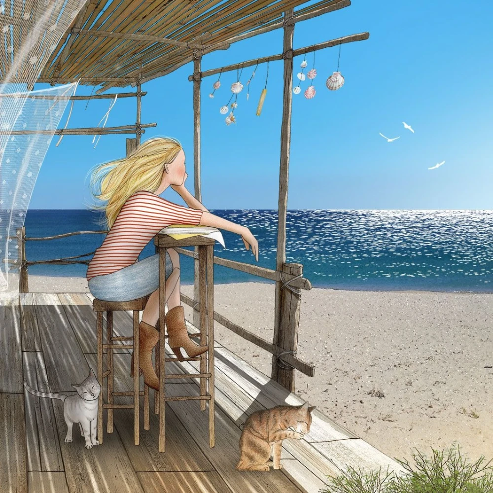 500PCS/1024 PCS Jigsaw Puzzles Girl Beach Vacation Cat Scenery Challenging Family Activity Game for Gameroom Bedroom Home Decor