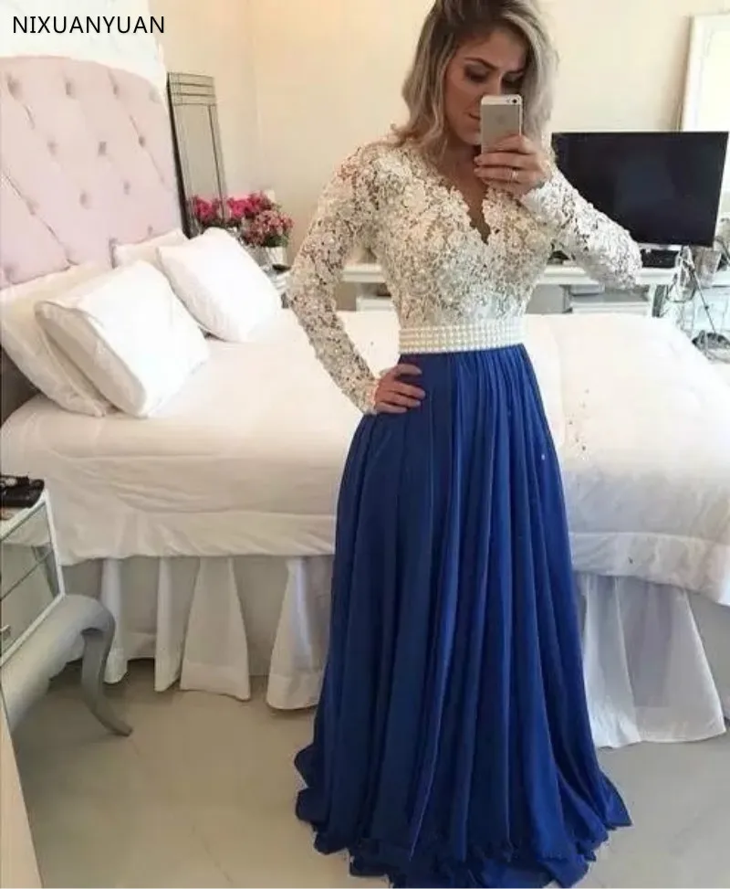 Dentelle 2021 blanc et bleu mère du marié robes coloré Transparent à manches longues maman robe élégante belle mère robe