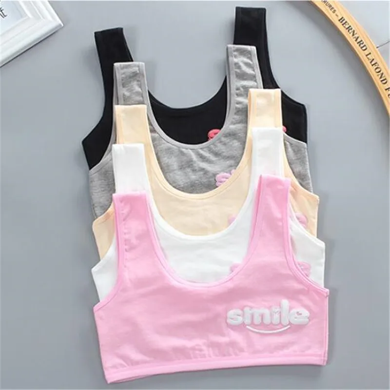 Girl Cotton Sport Training Bra Cartoon Smiley Print Print Solid Color Wide Strap Underwear Bralette Seamless Crop Top 8-16Y