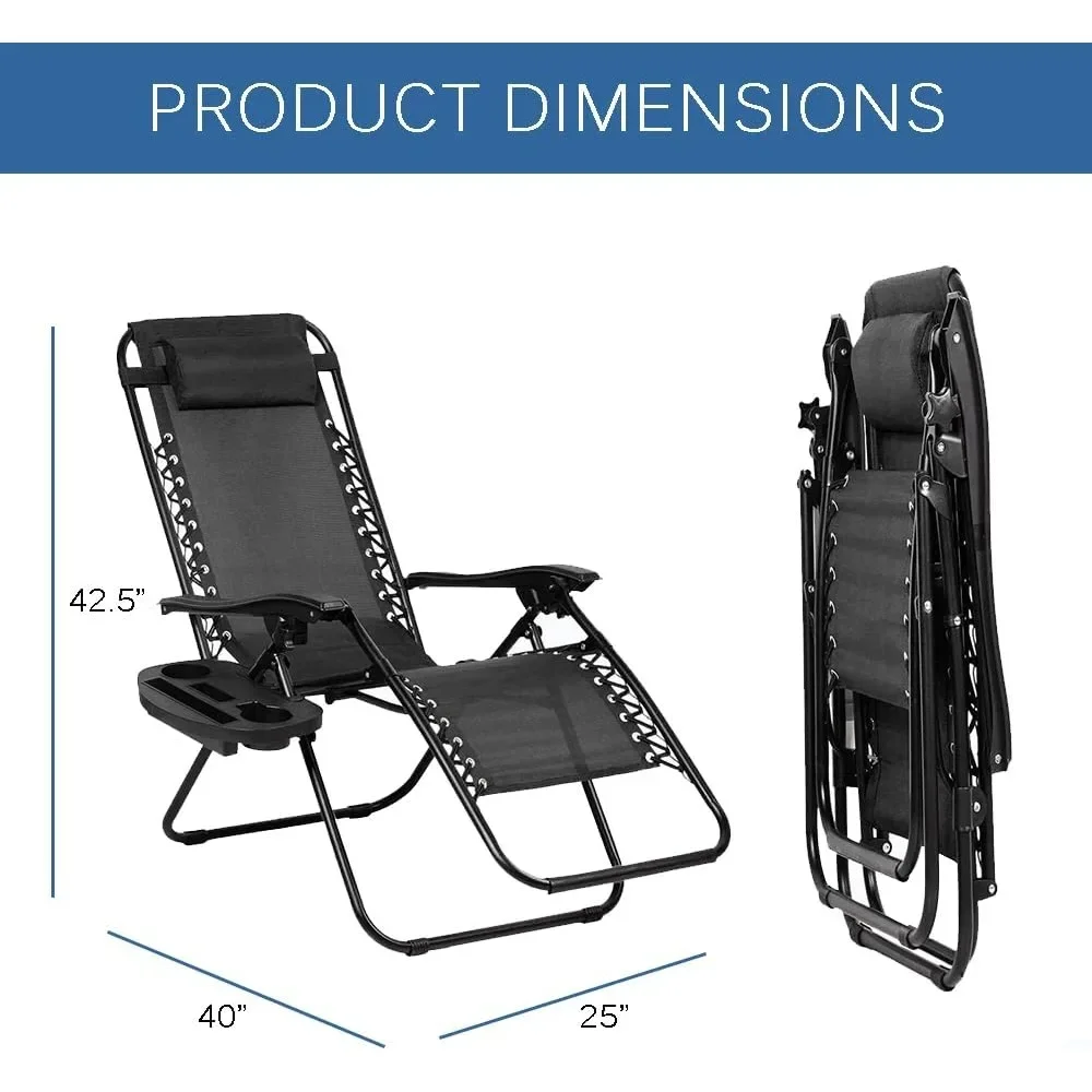 Set of 2 Outdoor Adjustable Reclining Chair with Pillows and Cup Tray, Steel Mesh Folding Recliner for Pool Beach Lounge Chair