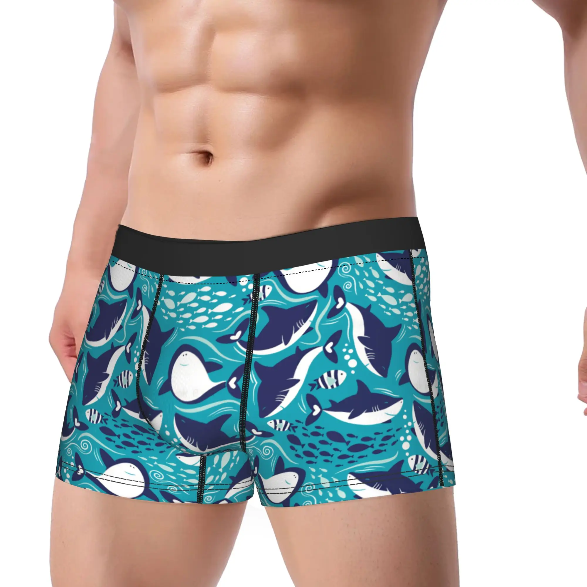 Navy Blue Shark Seamless Pattern Underwear  Males Panties Print Soft Trend Boxer Shorts Hot Sale Boxer Brief Plus Size 2XL
