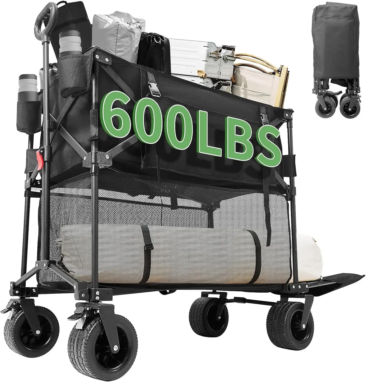 Double Decker Wagon Collapsible, Extended Utility Folding Wagon Cart with Tailgate, 400L Large Capacity Heavy Duty Foldable Wago