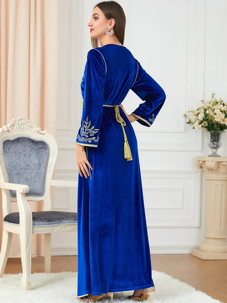 Winter Moroccan Embroidered Caftan Arabic Long Dress Women GoldenTrim Muslim Party Dresses Dubai Turkish Modest Abayas Kaftan