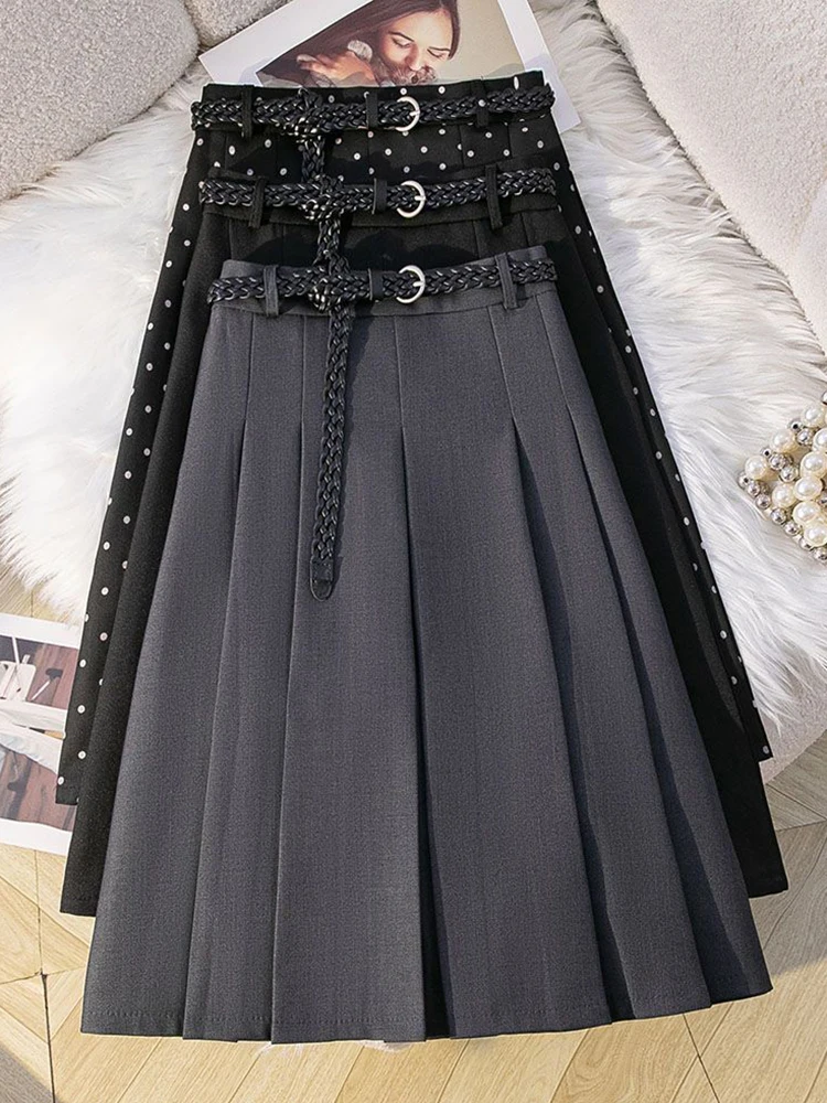 Elegant Belt Suit Pleated Skirt Women Vintage High Waist Preppy Style Midi Skirts Fall Female Slim Retro Sweet Dot A Line Skirt