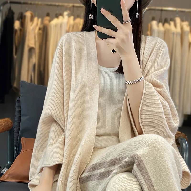 100% wool cardigan shawl loose fitting cape jacket knitted top 2023 autumn/winter women's new fashion cardigan