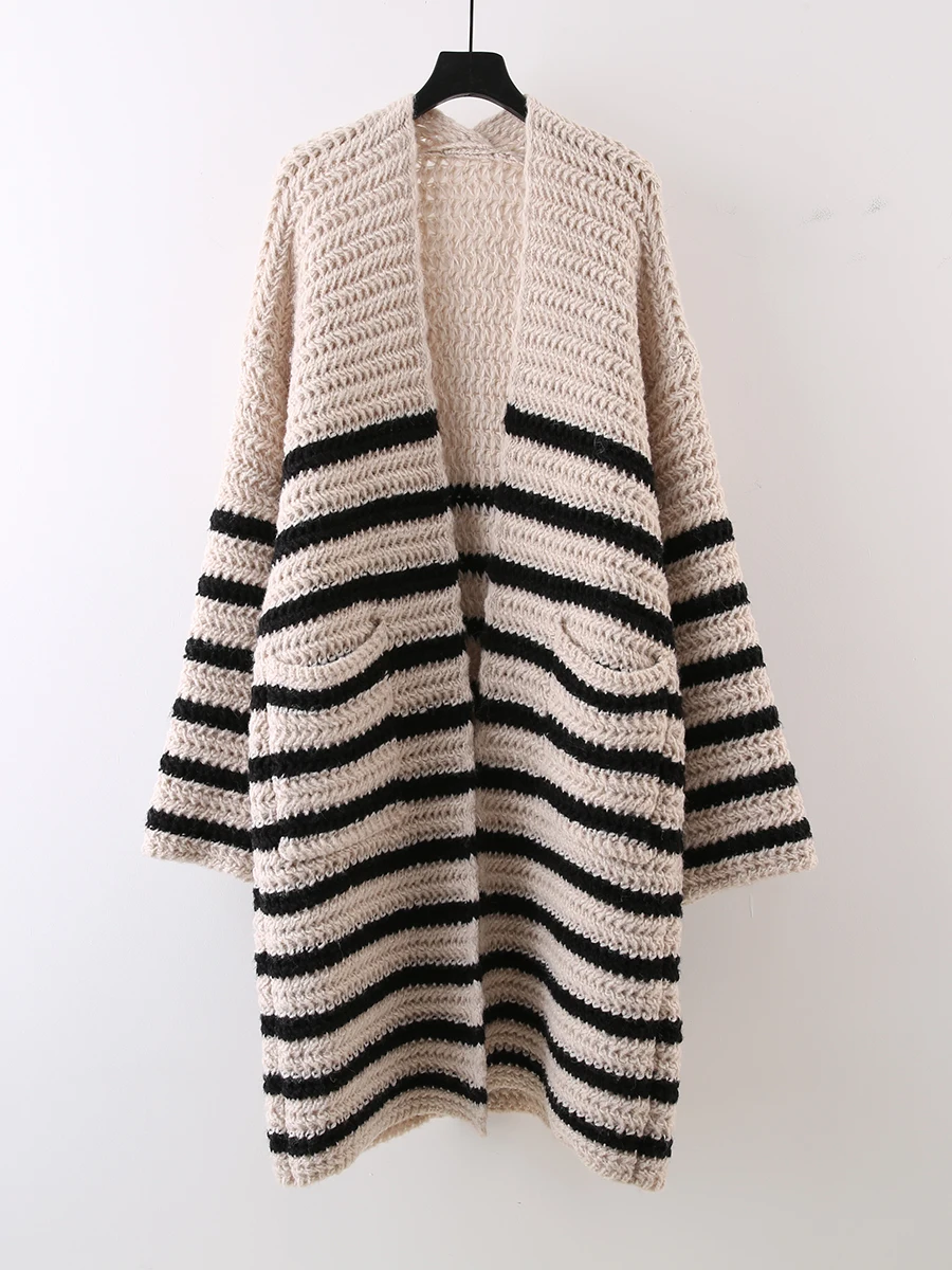 

Женский утепленный вязаный свитер-кардиган в стиле ретро с V-образным вырезом, длинный, из крученой пряжи, в полоску, теплый, осенняя верхняя одежда