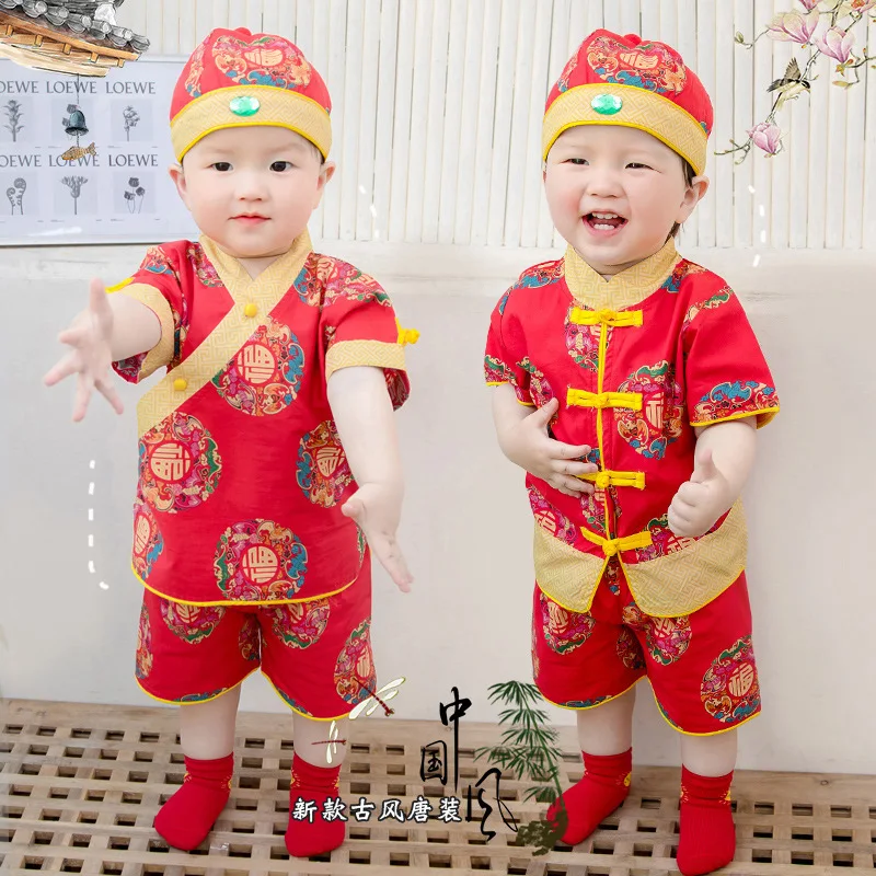 Baby Birthday New Chinese Style Flower Print Hanfu Children Lovely Two-piece Sets Boy And Girl Role Play Vintage Button Costume